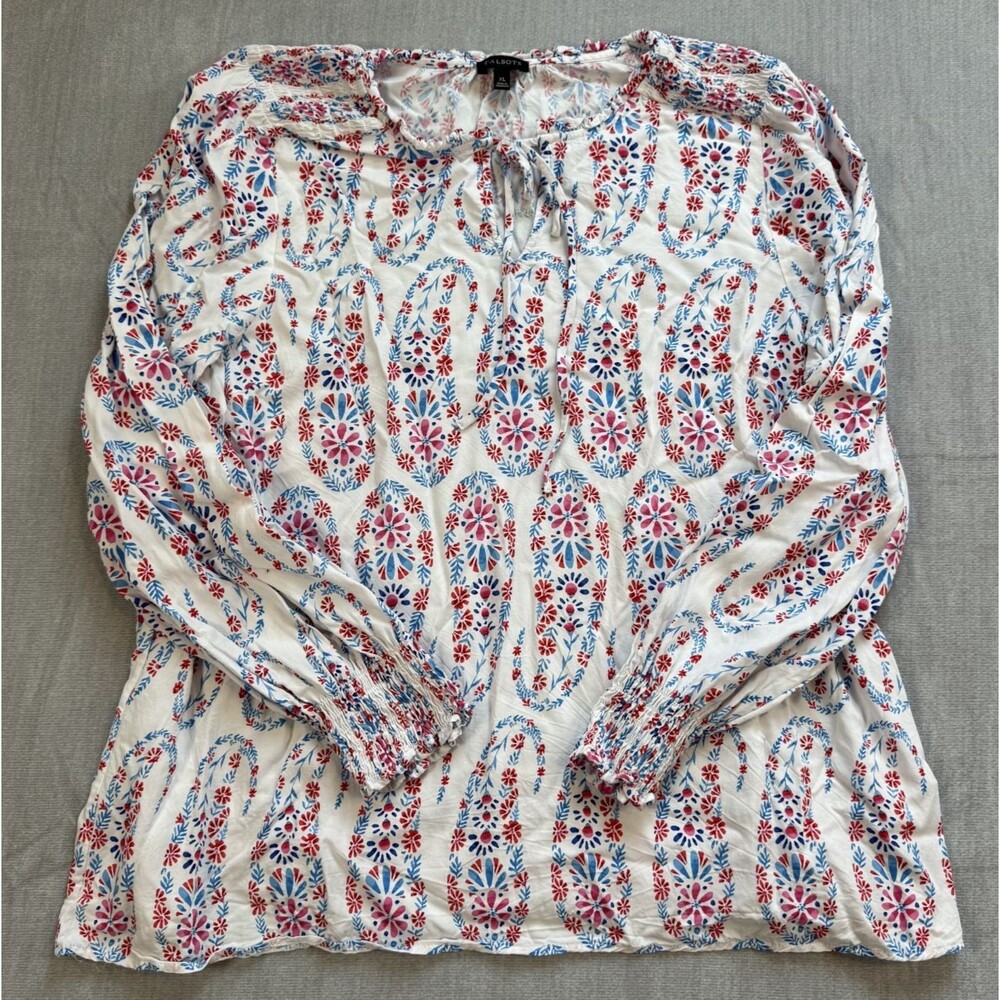 Talbots Paisley Smocked Shoulder & Cuff Boho Floral Woven Blouse Size XL